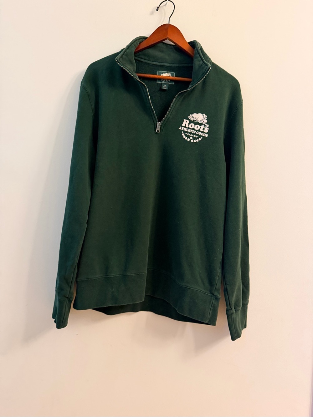 Roots unisex Forest Green quarter zip Sweatshirt with White Logo